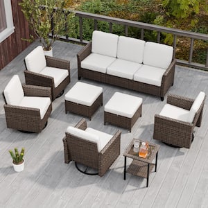 8-Piece Mix Brown Wicker Patio Conversation Set Wide Armrest 3-Seat Sofa Set, Beige Cushions, 4-Swivel Chairs