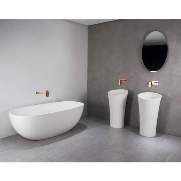 59 in. Stone Resin Flatbottom Solid Surface Freestanding Double Slipper  Soaking Bathtub in White with Brass Drain
