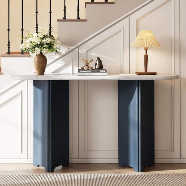 Harper & Bright Designs 53.9 in. Navy Oval Faux Marble Console Table with Curved Legs
