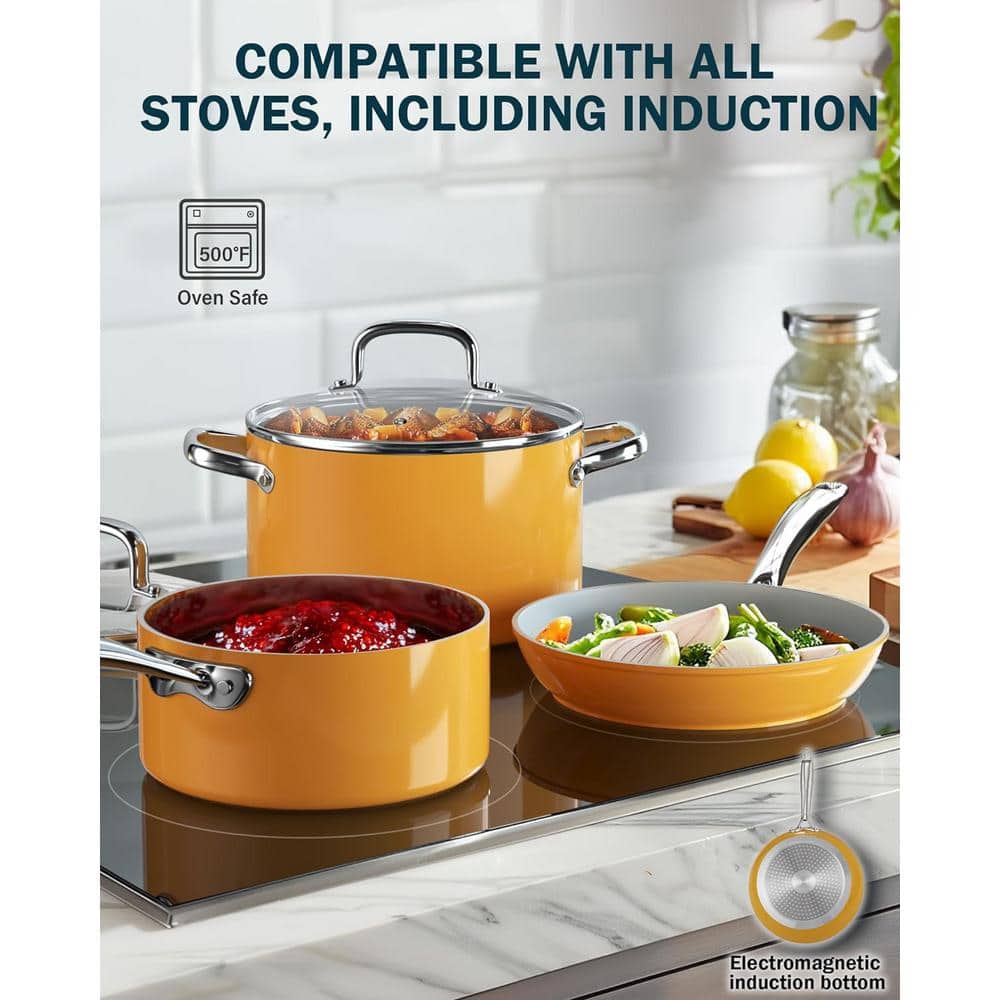 Yellow 6-Quart Aluminum Nonstick Stockpot with Glass Lid