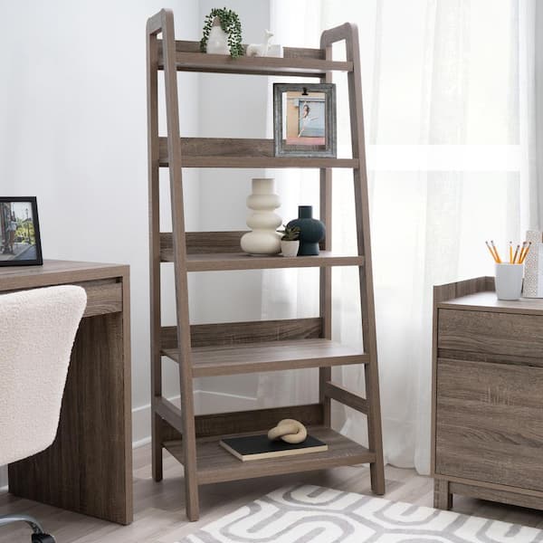 Stacey 60.13 in. Tall Gray Wood 5-Shelf Ladder Bookcase with Fixed Shelves