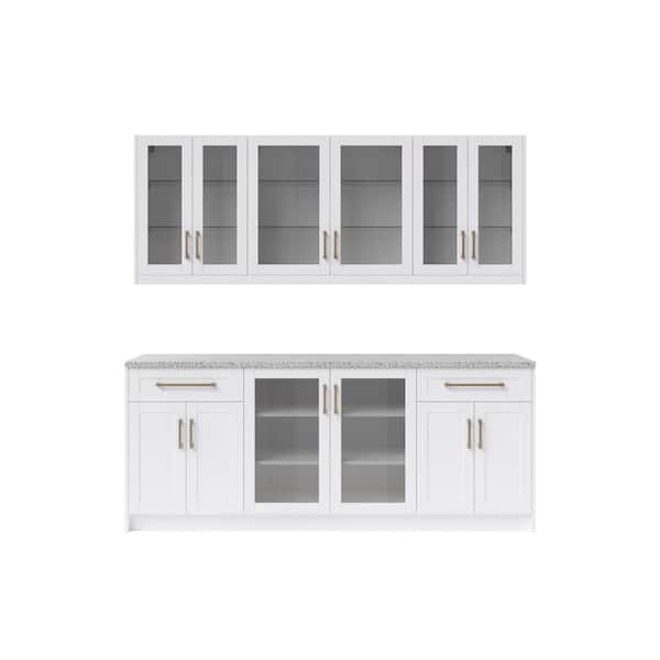 NewAge Products 7-Piece White Home Bar Cabinet Set with Contemporary Brushed Nickel Handles