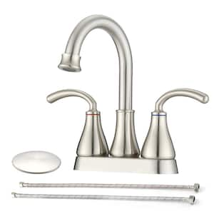 4 in. Center set Double Handle Mid Arc Bathroom Faucet with Drain Kit Included in Brushed Nickel