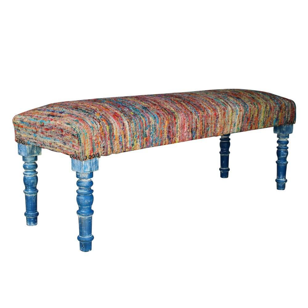 Colorful Chindi 47" Bench with Storage and Blue Legs