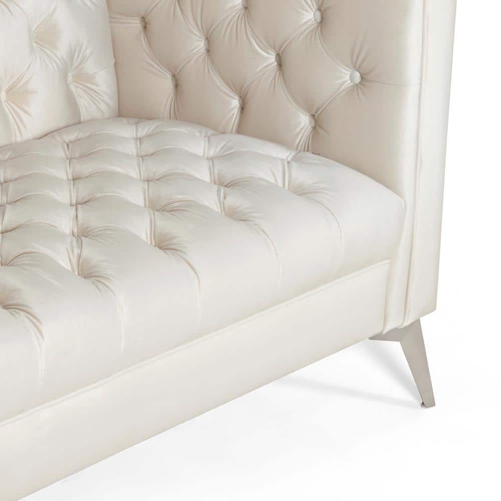 Beige Velvet Tufted Tuxedo 3-Seater Sofa with Wood Frame