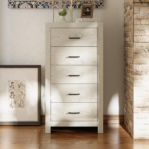 FUFU&GAGA 23.6 in. W White Wood Grain 5-Drawer Chest of Drawers Dresser in American Country Style, 15.7 in. D x 45.3 in. H