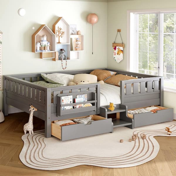 Gray Queen Platform Bed with Safety Staircase and Rails, Built-in Bookshelves and 2 Drawers