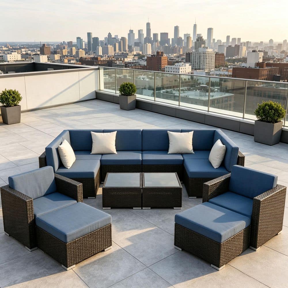 12-Piece Black PE Wicker Outdoor Patio Conversation Set with Blue Cushions and Tea Table for Backyard, Porch price history on PriceWatchPro