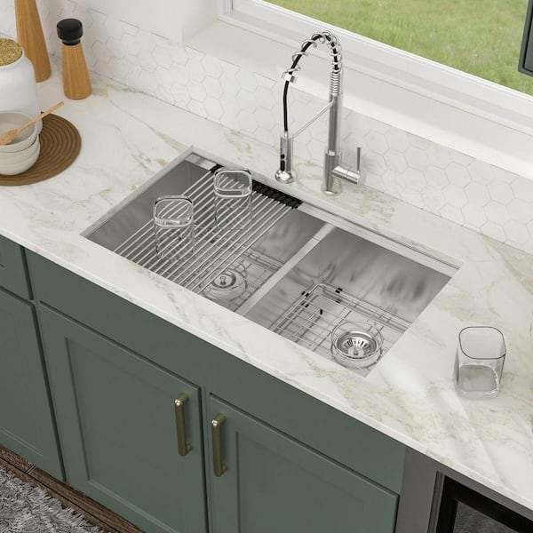 Logmey 36 in. Undermount Workstation Double Bowl 50/50 Sink with