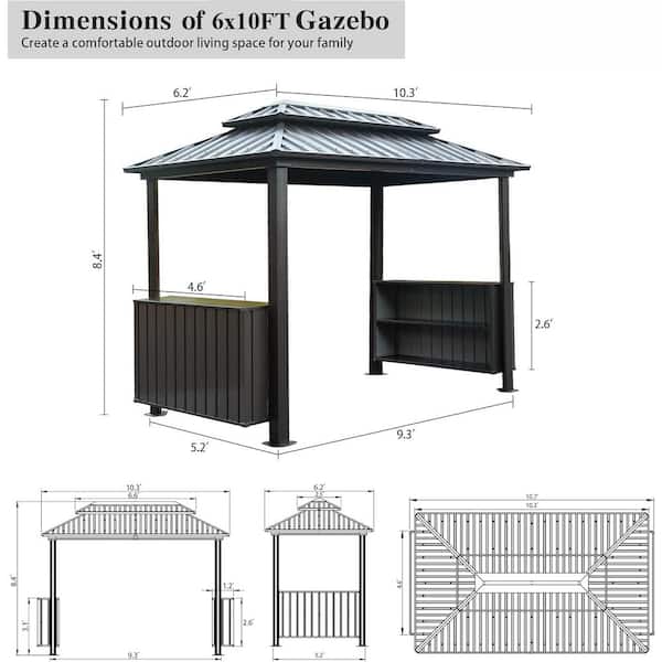 6 ft. x 10 ft. Brown Hardtop Gazebo Grill Canopy with Double