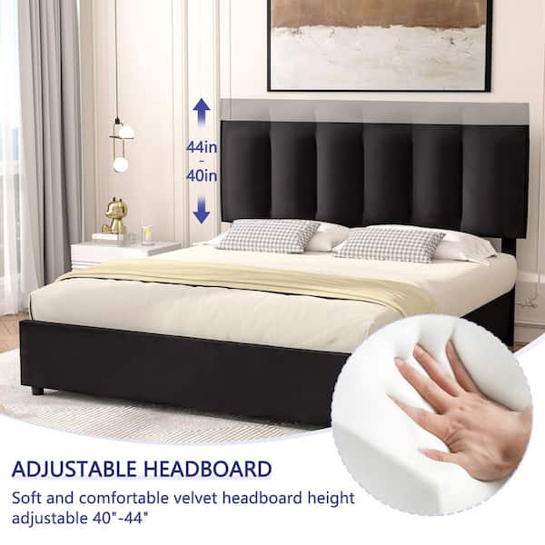 Upholstered Bed Frame, Black Metal Frame King Platform Bed with 4-Storage Drawers and Adjustable Headboard Bed Frame