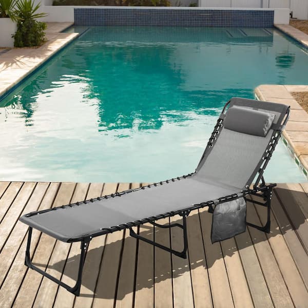 VEIKOUS Outdoor Folding Chaise Lounge Chair Fully Flat for Beach with Pillow and Side Pocket, Dark Grey