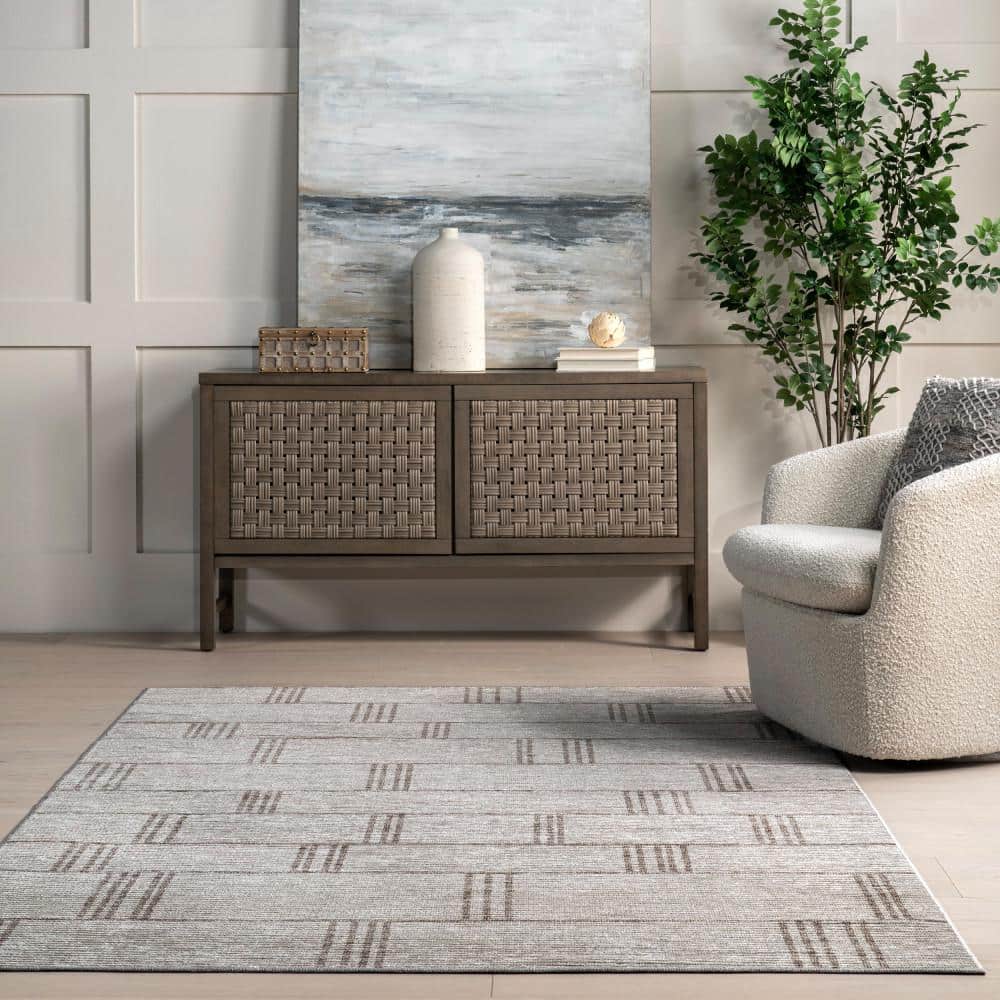 Beige Geometric Machine Washable Stain-Resistant Area Rug