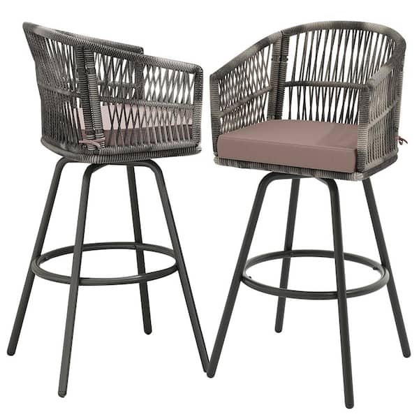 DEXTRUS Swivel Patio Wicker Outdoor Bar Stools Bar Chairs Counter Height with Armrests and Cushions (2-Pack)