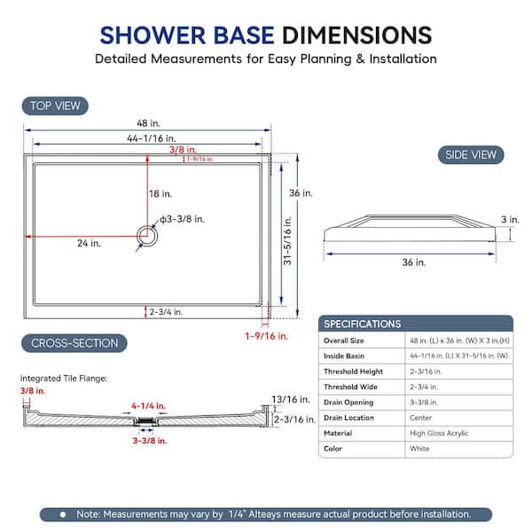 48 in. L x 36 in. W Acrylic Alcove Shower Pan Base with Center Drain, 360° Finished Exterior, Slip-Resistant, White