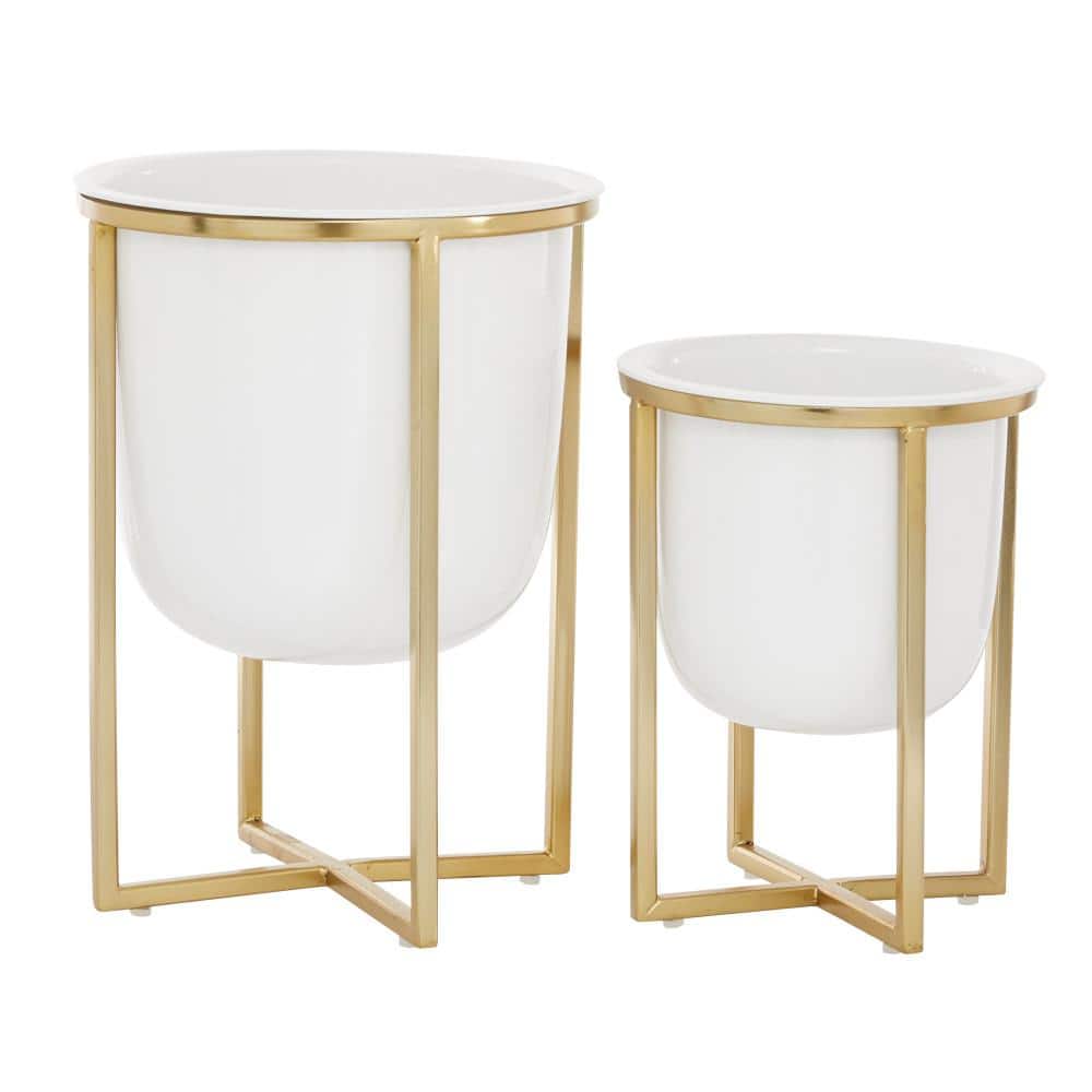 Contemporary White and Gold Metal Planter Set with Removable Stands