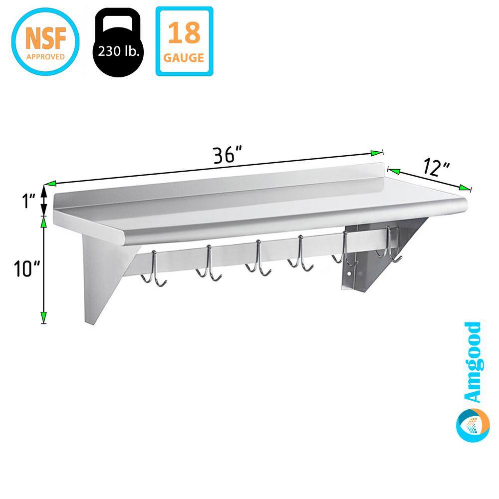 36" Stainless Steel Wall Mounted Shelf with Hooks and Brackets
