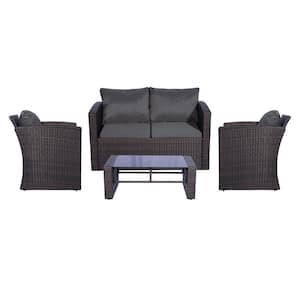 Wesson 4-Piece Wicker Patio Conversation Set with Gray Cushions