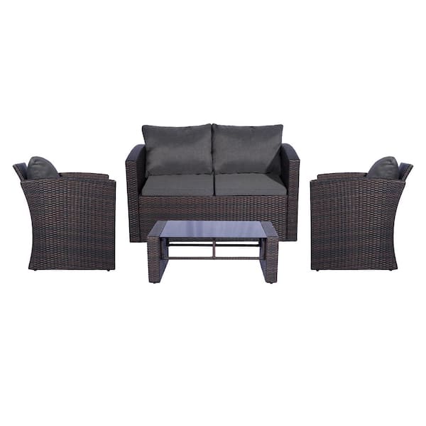 WESTIN OUTDOOR Wesson 4-Piece Wicker Patio Conversation Set with Gray Cushions