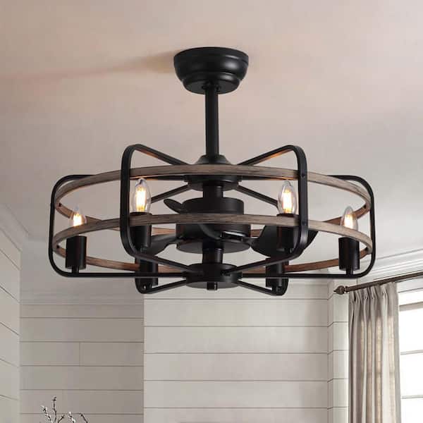 24 in. Indoor Black Farmhouse Ceiling Fan with Light and Remote,Rustic Caged Chandelier Ceiling Fan