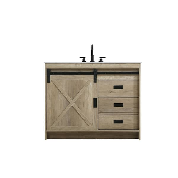 42 in. Single Sink Natural Oak Bath Vanity with White Engineered Marble Top