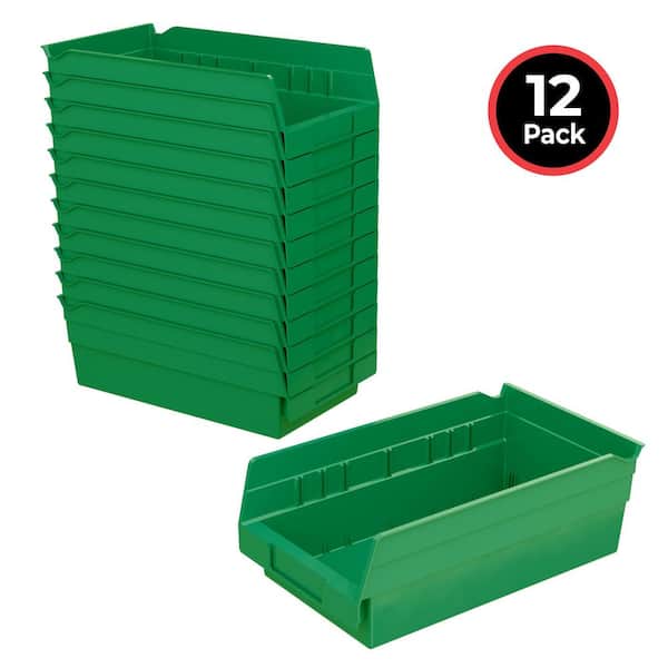30130 Plastic Stackable Shelf Bins, 12 in. x 6 1/2 in. x 4 in. Green, 12-pack