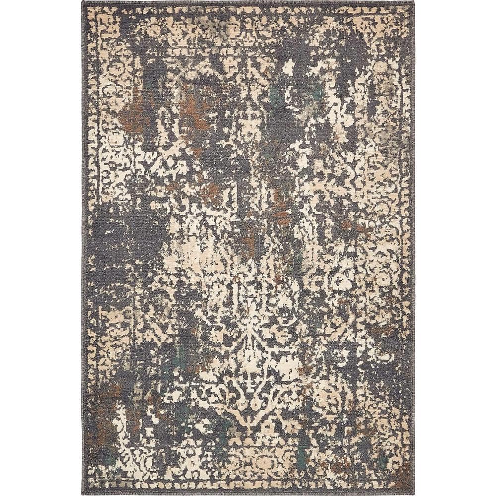 Gray and Beige Abstract 4' x 6' Stain-Resistant Synthetic Rug