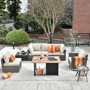 Hippish Gray 8-Piece Wicker Outdoor Patio Fire Pit Table Conversation Seating Set with Beige Cushions