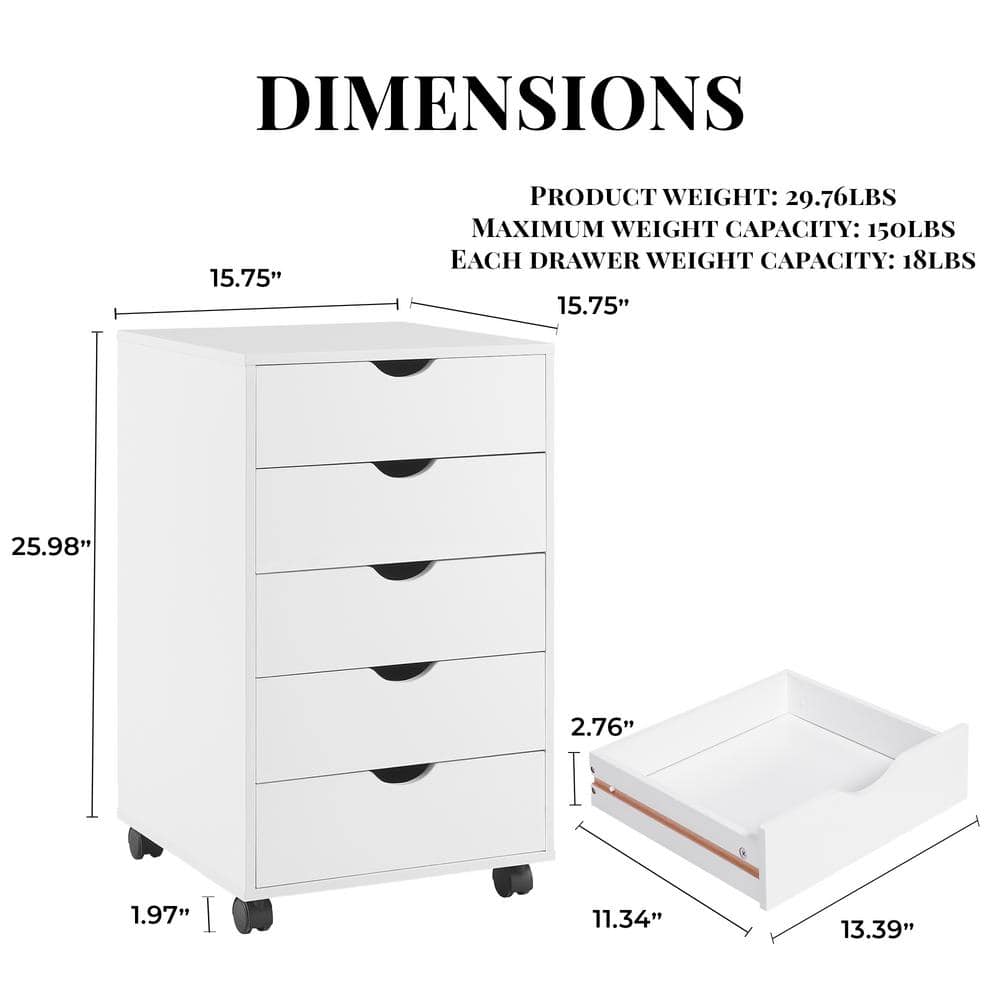 White Mobile 5-Drawer Wooden Office File Cabinet