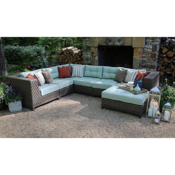 AE Outdoor Dawson 7-Piece Patio Sectional Seating Set with Sunbrella Fabric with Spa Green Cushions