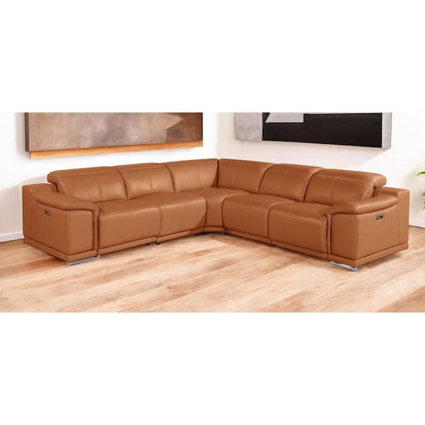 110.00 in. Flared Arm 5 piece Leather L-Shaped Sectional Sofa in. Brown