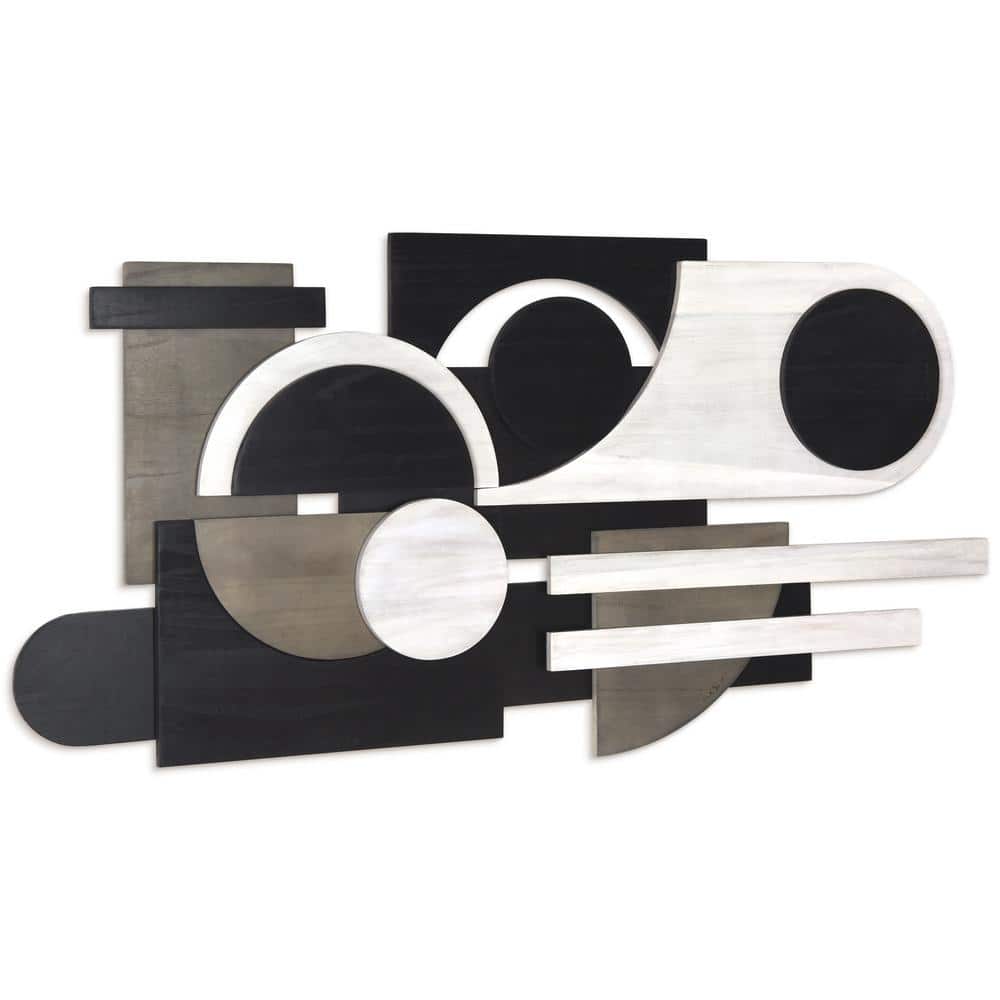 Luminous Whisper 48" x 24" Black and White Paulownia Wood Abstract Wall Art