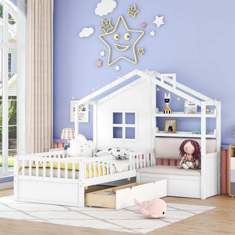 White Wood Frame Twin Size Platform Bed with Sofa, 2 Drawers and Storage Shelf price history on PriceWatchPro