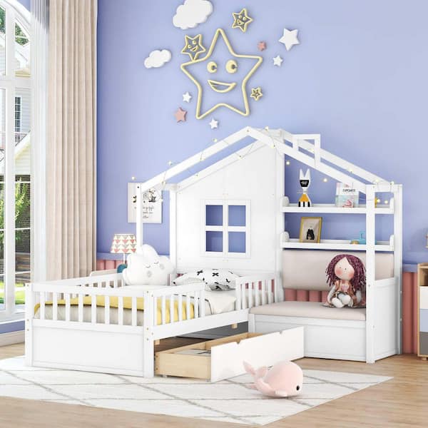 White Wood Frame Twin Size Platform Bed with Sofa, 2 Drawers and Storage Shelf