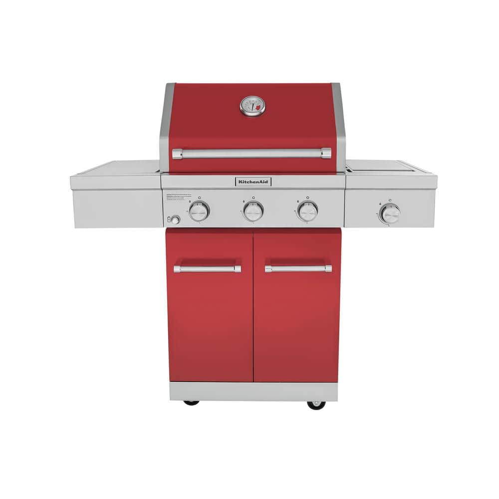 KitchenAid 3-Burner Propane Gas Grill in Red with Ceramic Sear Side Burner -  720-0953C