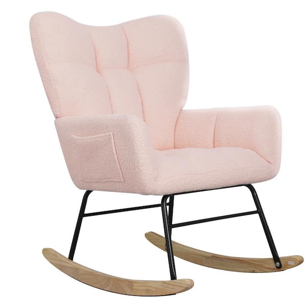 Runesay 27.1 in. W Black Metal Outdoor Rocking Chair with Pink Cushions