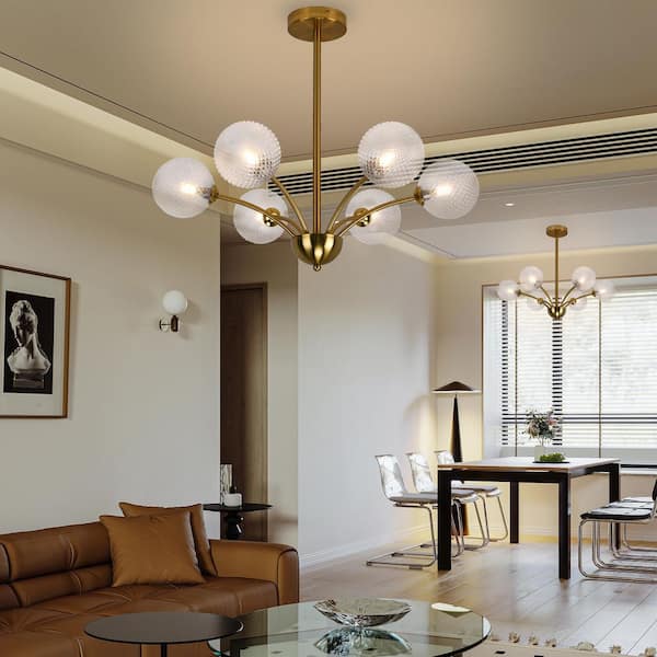 6-Light Brushed Gold Clear Textured Glass Globe Chandelier for Living Room with no bulbs included