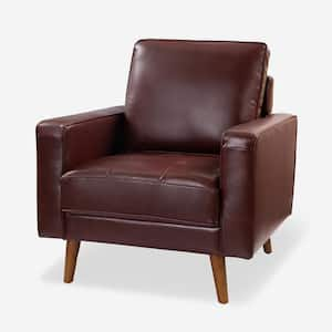 Christine Mid-Century Modern Burgundy Genuine Leather Armchair with Wood Flared Legs