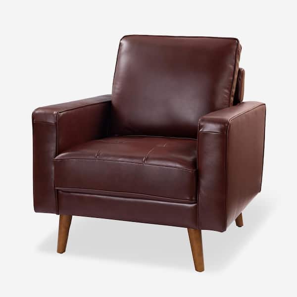 JAYDEN CREATION Christine Mid-Century Modern Burgundy Genuine Leather Armchair with Wood Flared Legs