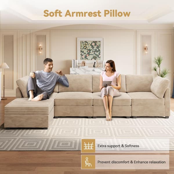 Allwex 127 in. Square Arm Modern 7-Piece Plush Corduroy L-Shape Free Combination Modular Sectional Sofa in Beige with Ottoman