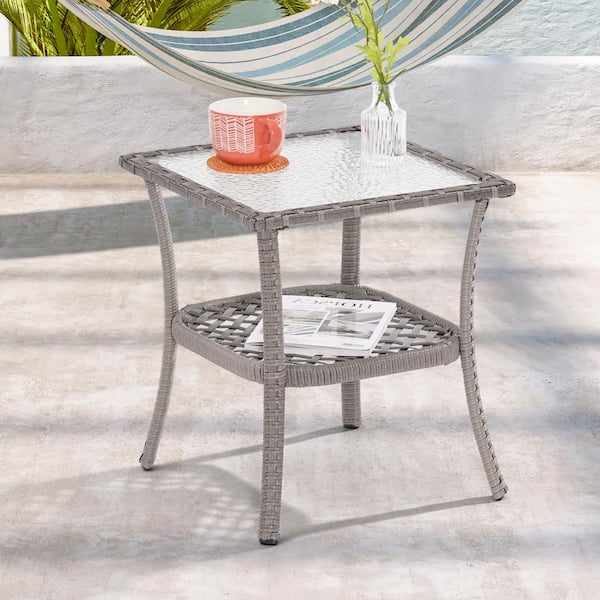 JOYESERY Patio Water Rippled Glass Side Table, Grey Rattan Coffee Table, Outdoor Secondary Space End Table