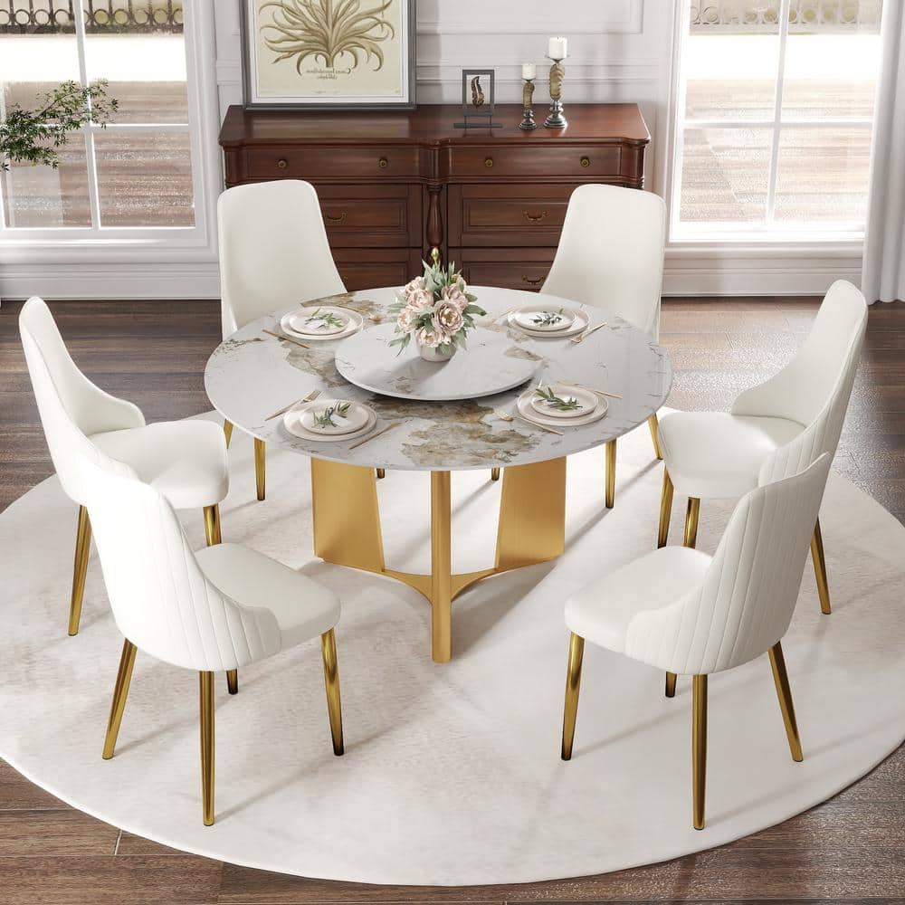 53.15 in. Pandora Lazy Susan Sintered Stone Tabletop with Gold Pedestal Base Dining Table (Seats-6) price history on PriceWatchPro