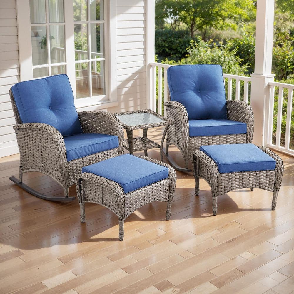 PlainCurve 5-Piece Gray Wicker Patio Conversation Set with Rocking Chairs and Olefin Navy Blue Cushions price history on PriceWatchPro