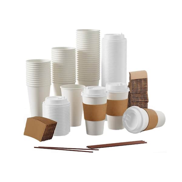 3.54 in. White Disposable Paper Coffee Cup with Lid Sleeve Stirrer 100 Per Case