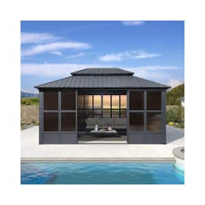 12 ft. X 16 ft. Sunroom Hardtop Gazebo Solarium Galvanized Steel Double Roof Aluminum Screen House Patio Backyard Gray