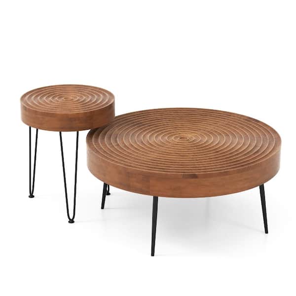 Farmhouse Round Coffee Table Set of 2, Solid Wood Top, Nesting Living Room Tables