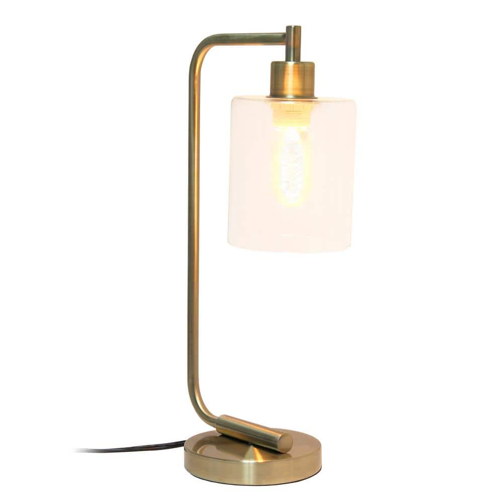 Antique Brass Curved Arm Desk Lamp with Clear Glass Shade