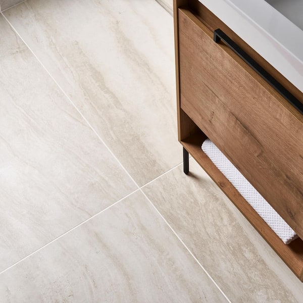 Auramar Travertino Warm White 23.62 in x 47.24 in. Matte Porcelain Floor and Wall Tile (15.38 Sq. Ft. / Case)