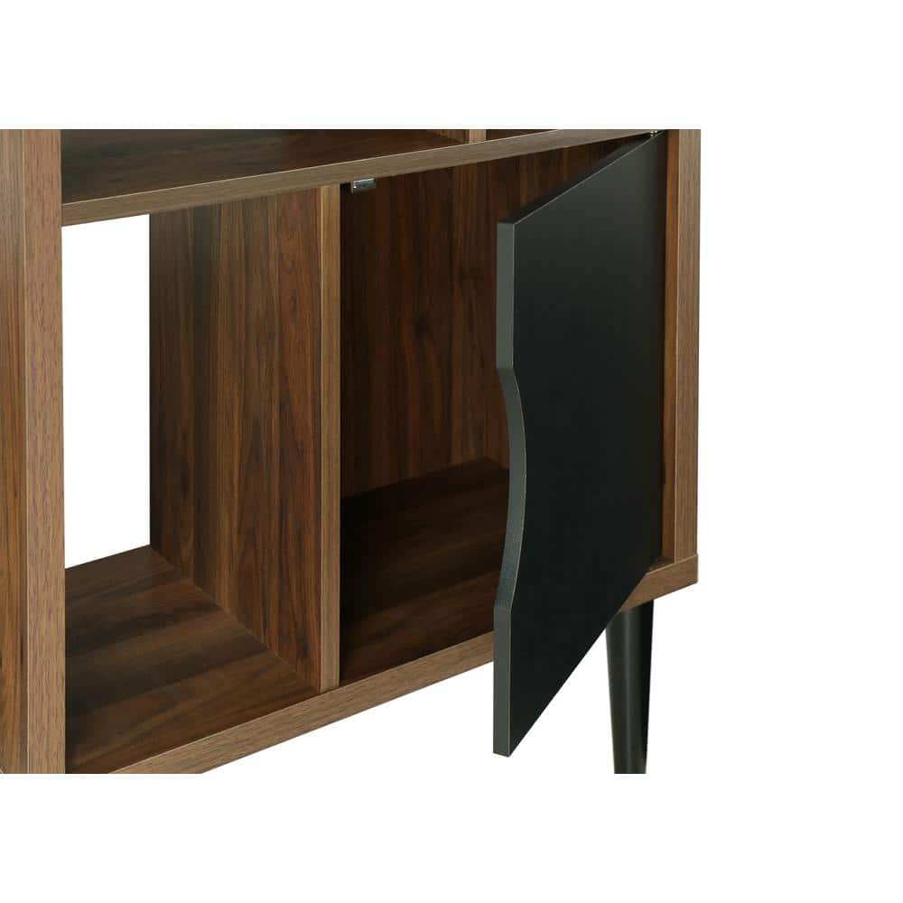 Tall Black and Danish Walnut Wood Bookcase with Doors