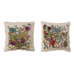 Cotton Printed Pillow with Embroidery in Florals and Fringe (Set of 2)